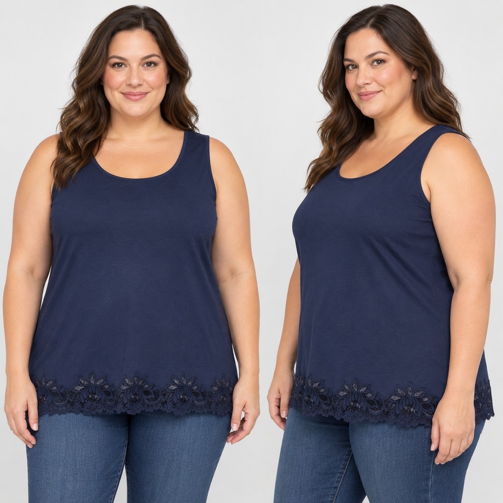 Coldwater Creek Tank Top Womens 1X Navy Blue Lace Hem Cotton Stretch Camisole